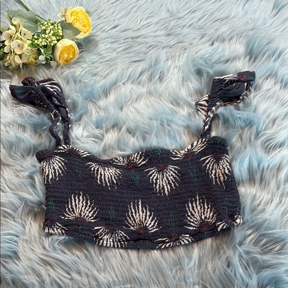 Lulus Trancoso Dusty Blue Floral Print Smocked Bandeau Top sz S - Picture 1 of 8